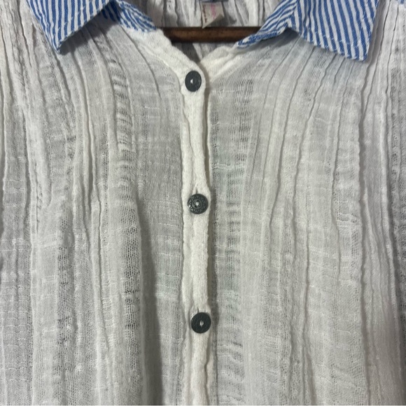 Free People White and Blue Loose Button-Up Blouse 100% Cotton, Women’s Large - Picture 5 of 9